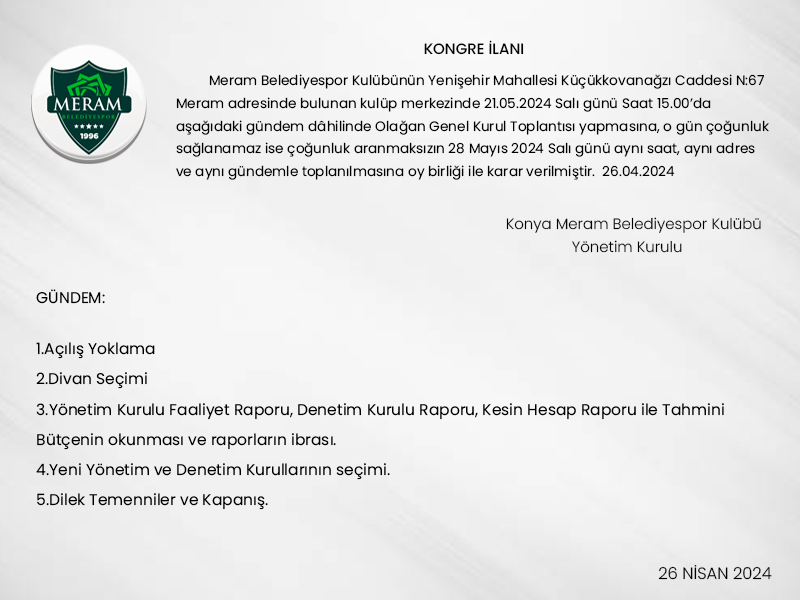 MERAM BELEDİYESPOR KULÜBÜ | KONGRE İLANI	